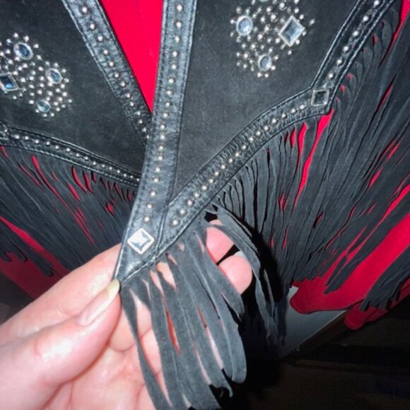 Western Black Leather Shawl with Fringe, Silver Studding and Clear Rhinestones - Picture 6 of 15
